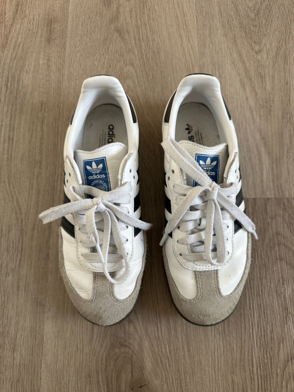 adidas samba White Sneakers with Black Stripes and Blue Tongue Logo